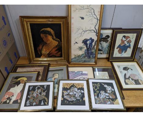 Pictures to include a portrait oil on plywood reproductions  of Japanese wood block prints and other prints 