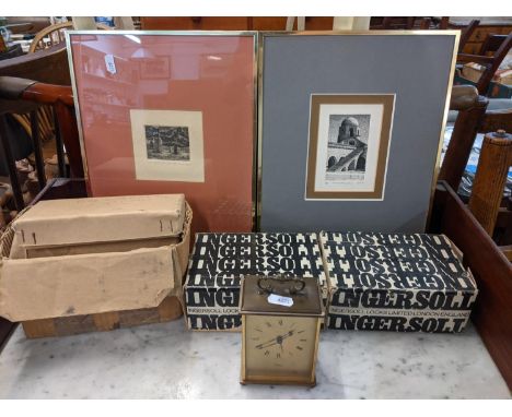 A mixed lot to include a vintage Swiza brass cased carriage clock, two framed etchings to include one entitled 'The Great Mos