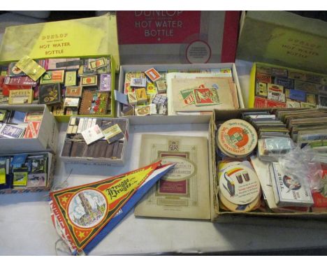 A mixed lot of vintage match boxes, beer mats, cheese labels etc, along with a booklet of Players Coronation series cigarette