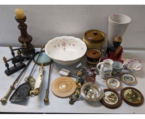 A mixed lot to include Victorian fire irons, resin pricket stand, wash bowl, nut cracker and other itemsLocation: 