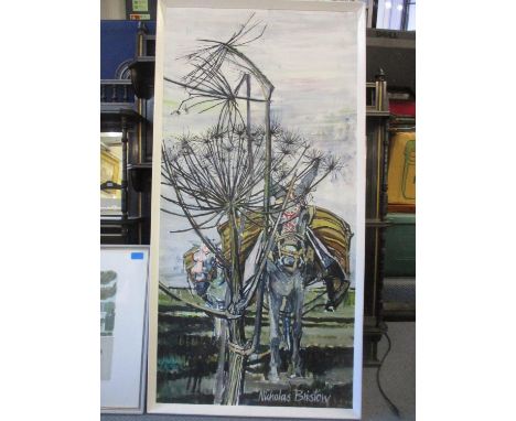 Nicholas Bristow - Basque Donkeys - oil on board, 123cm x 61cm, signed lower right, titled to verso, white painted frame, alo
