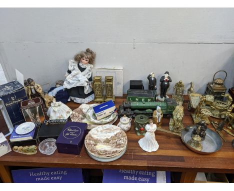 Collectables to include brassware, a model train, decorative plates, a Royal Doulton figure, dolls, figures and a signed book