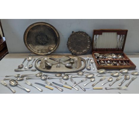 Mixed silver plate and metalware to include trays, one floral decorated example and mixed flatware to include forks and spoon