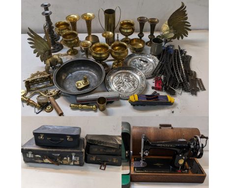 A mixed lot to include Georgian pewter, brassware to include a Middle Eastern tea pot, 00 gauge accessories, vintage cases, S