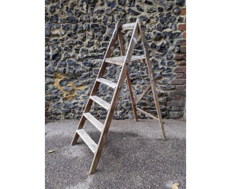 A vintage beech folding step ladder with reeded treads, 130cm hLocation: RWF 