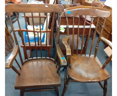 A late 19th/early 20th century elm seated stick back armchair together with a later rocking chairLocation:A3F 