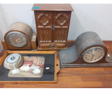 Two mid 20th century oak cased mantel clocks to include a Westminster Chime together with a mid 20th century oak tray with in