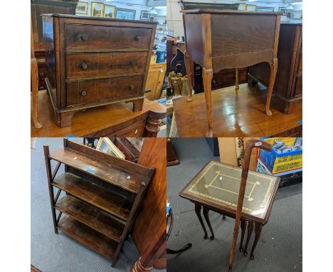 Mixed furniture to include an oak four tier bookcase, nest of tables, sewing cabinet, a table, a small chest of three drawers