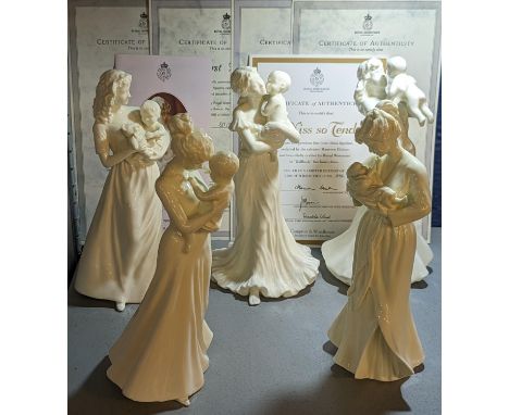 A group of five Royal Worcester figurines titled 'First Love', 'First Touch', 'First Teddy', 'A Kiss so Tender', and 'First S