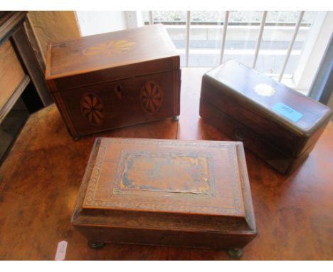 A group of boxes to include a 19th century French rosewood and brass bound box containing three cut glass  bottles; a mahogan