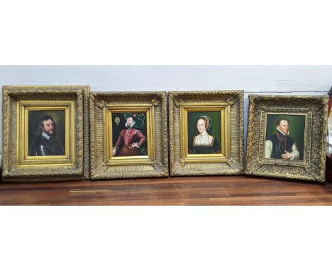 Four reproduction portraits each of a gentleman, acrylic in gilt frames, landscape and a print 