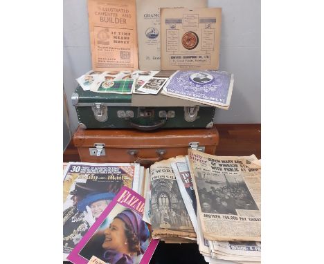 Vintage commemorative ephemera housed in a mid 20th century brown leather suitcase together with a green metal suitcase, silk