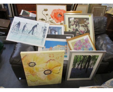 A mixed lot of prints and other pictures to include a signed print by Duarte Botciho, and a signed watercolour of men with bi