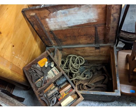 Vintage tools to include pullies, drills, taps and dices and others, contained in a pine chest Location: 