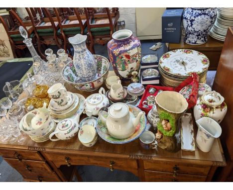 Ceramics and glassware to include decanters, silver decanter labels, silver topped dressing table pots, Royal Albert Old Coun