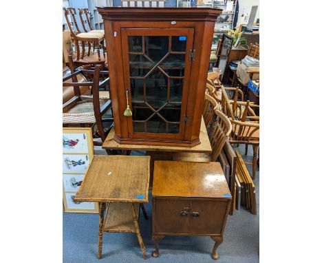 Mixed furniture to include an early 20th century walnut bedside cabinet, corner cabinet, a bamboo two tier table, two warming