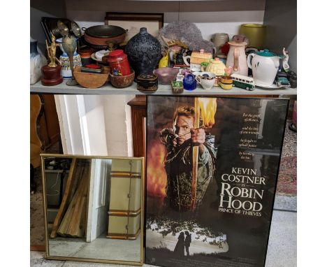 A mixed lot to include framed pictures, ships clock and a barometer, art glass, part teaset and other items 