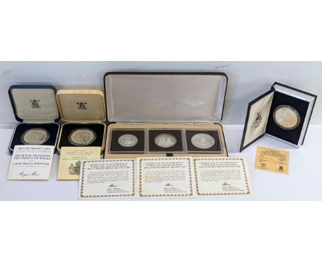 A Group of silver proof commemorative crowns to include a box set of three 1980 Mountbatten crowns, The International Year of