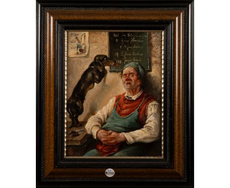 Alfons-Maria Niemitz de Castelli (Maler des 20. Jhs.). Schlafender Mann mit Dackel. Öl/Malkarton, li./u./sign., verso mittig 