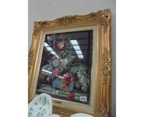 A gilt framed floral tapestry by Phillipa Eminson, 1987. COLLECT ONLY.