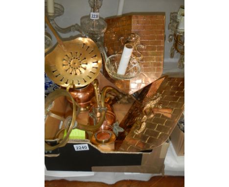 A box of good brass ware including Victorian lamp bracket, shields etc.,
