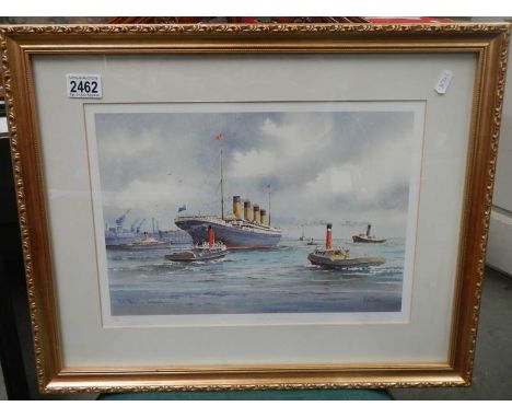 A framed and glazed print of Titanic leaving Southampton signed K N Burton, COLLECT ONLY.
