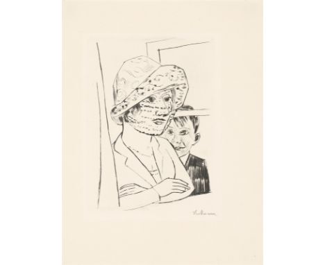 Max Beckmann (Leipzig 1884 – 1950 New York). „Dame mit Knabe“. 1923Kaltnadel auf Japan.  20,8&nbsp;×&nbsp;13,8&nbsp;cm (32,6&