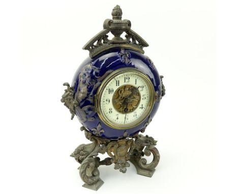 Ansonia French Art Deco Cobalt Blue Porcelain and Gilt Metal Mantle Clock. Enamel dial with brass center décor and single key
