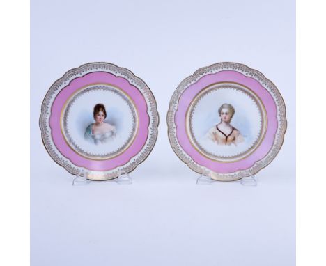 Pair of 19/20th Century Sevres Porcelain Chateau de Tuileries Rose Pompadour and Gilt Hand painted Cabinet Plates. Features a