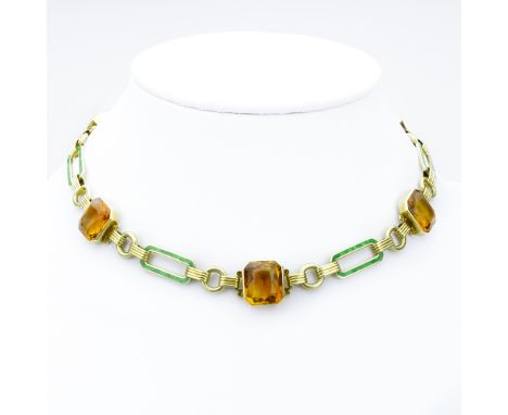 Vintage Five (5) Citrine, Enamel and 14 Karat Yellow Gold Necklace. Citrines with vivid color, measure 13.5mm x 12.5mm. Stamp