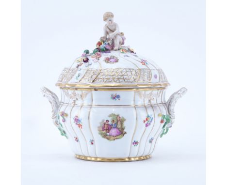 19th Century KPM Hand Painted Porcelain Covered Tureen with Putti Finial. Signed to base. Features several courting scenes th