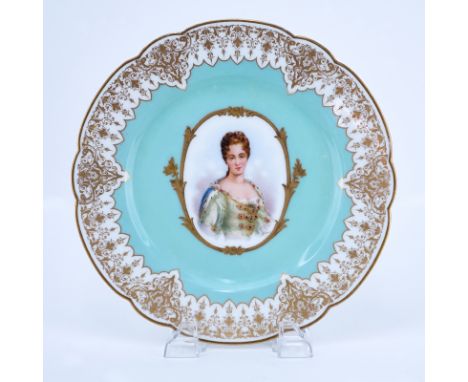 19/20th Century Sevres Portrait Plate. Painted with a bust-length portrait of Duchess de Bourgogne. Gold decorated border, tu