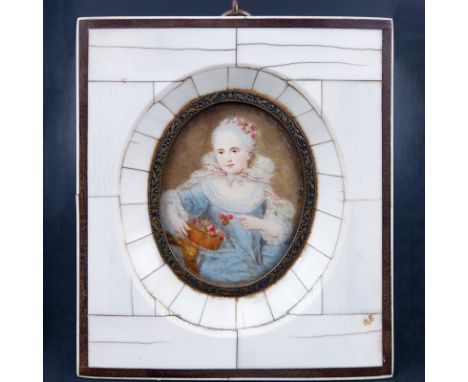 19th Century Victorian Miniature Portrait Painted on Ivory and in Ivory Frame. Signed Lescout. Depicts a young lady with flow