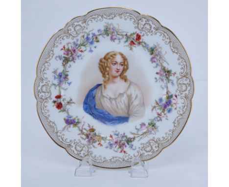 19/20th Century Sevres Portrait Plate. Painted with a bust-length portrait of Mme de Lavalliere. Gold and floral decorated bo