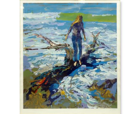 Nicola Simbari, Italian (b.1927) Silkscreen of a Young Woman at the Beach, Signed in Pencil Lower Right and Numbered 63/300 L