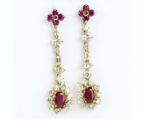 Fine Quality Approx. 5.90 Carat Multi Cut Diamond, Oval and Round Cut Burma Ruby and 18 Karat Yellow Gold Drop Earrings. Rubi