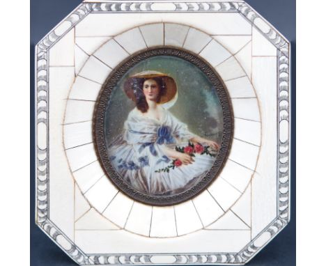 19th Century Victorian Miniature Portrait Painted on Ivory and in Ivory Frame. Signed illegibly. Depicts a young lady with ha