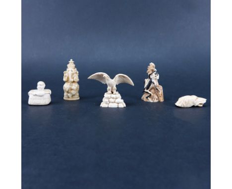 Collection of Five (5) Antique Carved Ivory Figurines. Includes: polychrome monkey, polychrome Gnesh, dog, eagle, and young b