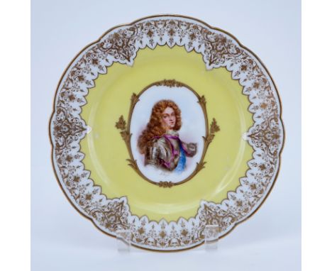19/20th Century Sevres Portrait Plate. Painted with a bust-length portrait of Duc de Bourgogne. Gold decorated border, yellow