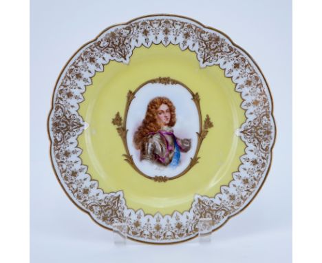 19/20th Century Sevres Portrait Plate. Painted with a bust-length portrait of Duc de Bourgogne. Gold decorated border, yellow