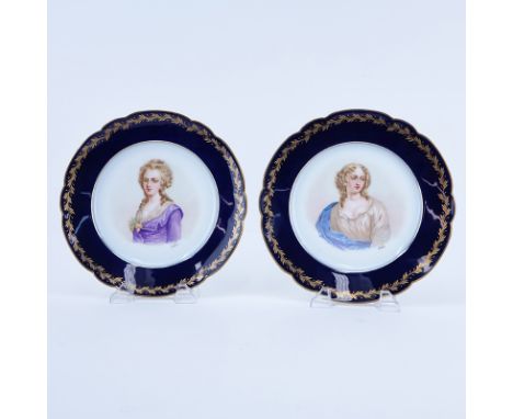 Pair of 19/20th Century Sevres Chateau de St Cloud Cobalt and Gilt Hand painted Cabinet Plates. Features a portrait of the Ma