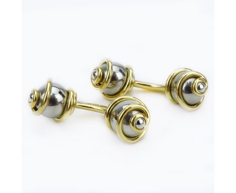 Louis Vuitton 18 Karat Yellow Gold and Stainless Steel Swirl Design Double Stud Cufflinks w/Case. Signed, stamped 750, hallma