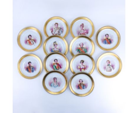Twelve (12) Sevres Hand-Painted Porcelain Napoleonic Plates. Artist signed, backstamps. Light wear to gilt decoration or in g