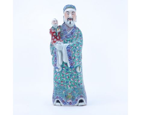 Large Chinese Famille Rose  Porcelain Lucky Star Deity  with Child. Stamp mark to base. Minor rubbing to enamel or else good 