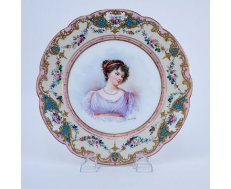 19/20th Century Sevres Portrait Plate. Painted with a bust-length portrait of young woman. Gold and floral decorated border. 