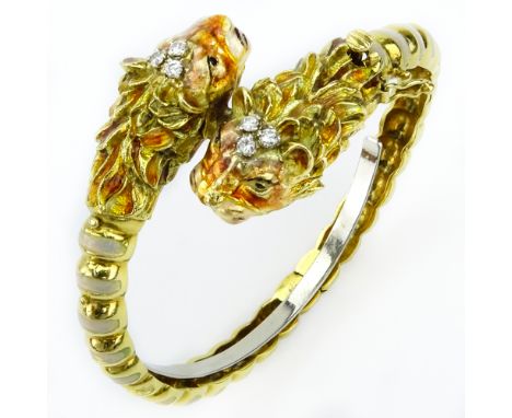 Vintage Italian 18 Karat Yellow Gold Tiger Bangle Bracelet with Diamond and Enamel Accents. Stamped 18K. Minor enamel loss. M