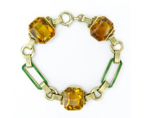 Vintage Three (3) Citrine, Enamel and 14 Karat Yellow Gold Bracelet. Citrines with vivid color, measure 14.0mm x 12.0mm. Stam