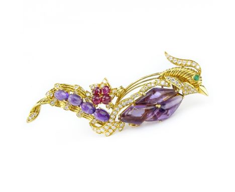 Vintage Large Garavelli Diamond, Amethyst, Ruby, Emerald and 18 Karat Yellow Gold Bird Brooch. Diamonds G-H color, VS clarity