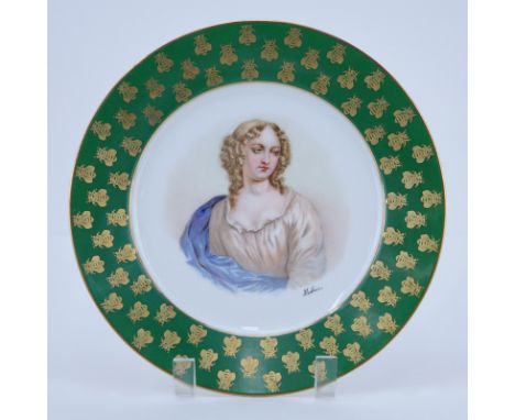 19/20th Century Sevres Portrait Plate. Painted with a bust-length portrait of Mme de Lavalliere. Gold decorated green border.