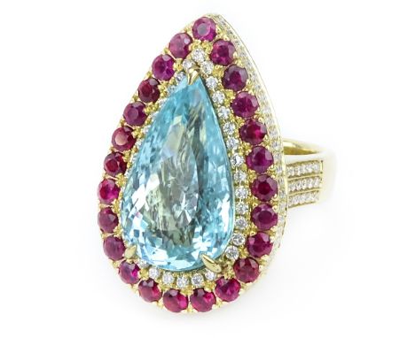 GIA Certified 11.70 Carat Pear Shape Paraiba Tourmaline, Diamond, Ruby and 18 Karat Yellow Gold Ring. Tourmaline measures 19.